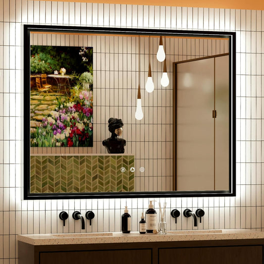 40x30 Inch Black LED Bathroom Mirror with Front and Back Lights, Adjustable 3000K/4500K/6000K, Wall-Mounted Framed Lighted Bathroom Vanity Mirrors, Anti-Fog, Dimmable, Horizontal/Vertical