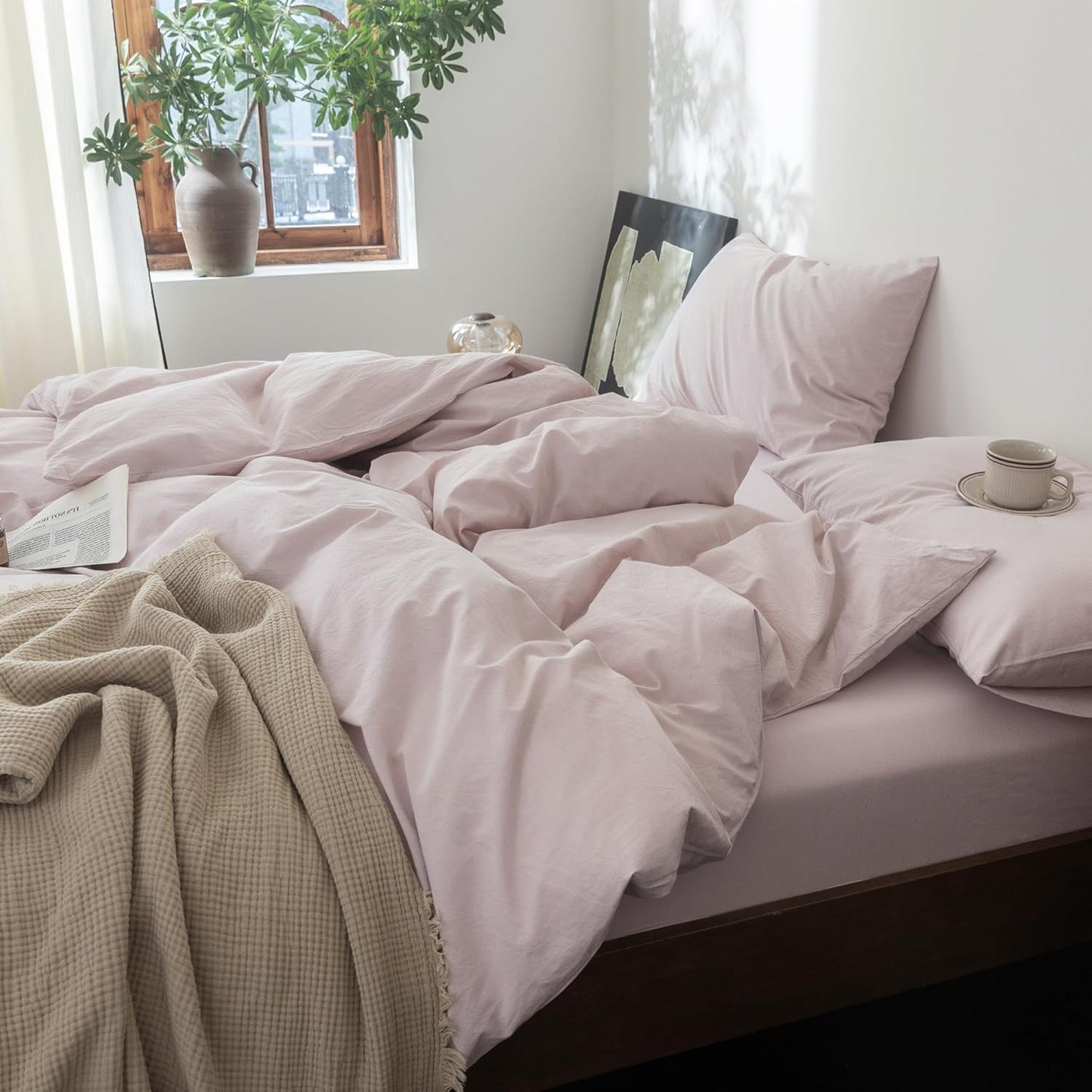 FOSSA Duvet Cover Set 100% Washed Cotton Linen Feel Super Soft Breathable Cozy 3 Pieces Bedding Sets Solid Greyish Pink Super King Plus