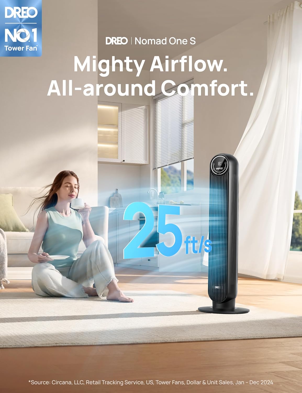 Dreo Tower Fan for Bedroom, Smart Oscillating Quiet Floor Fans, Standing Bladeless Fan with Remote and WiFi Voice Control, 4 Modes, 4 Speeds, 8H Timer, 28dB, Works with Alexa/Google