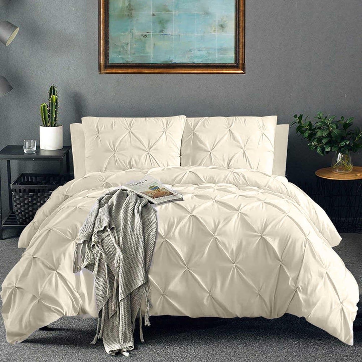 Pinch Pleated Duvet Cover Set 100% Brushed Microfiber 3PC Super King Plus Size 120x120 Duvet Cover Set, Decorative Pinch Design Ivory Duvet Cover with Matching Pillow Case