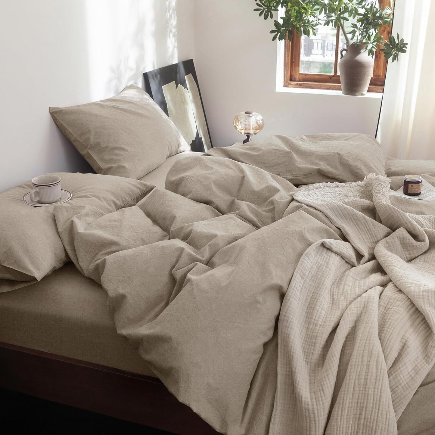 FOSSA Duvet Cover Set 100% Washed Cotton Linen Feel Super Soft Breathable Cozy 3 Pieces Bedding Sets Solid Tannish Linen Grey Super Queen