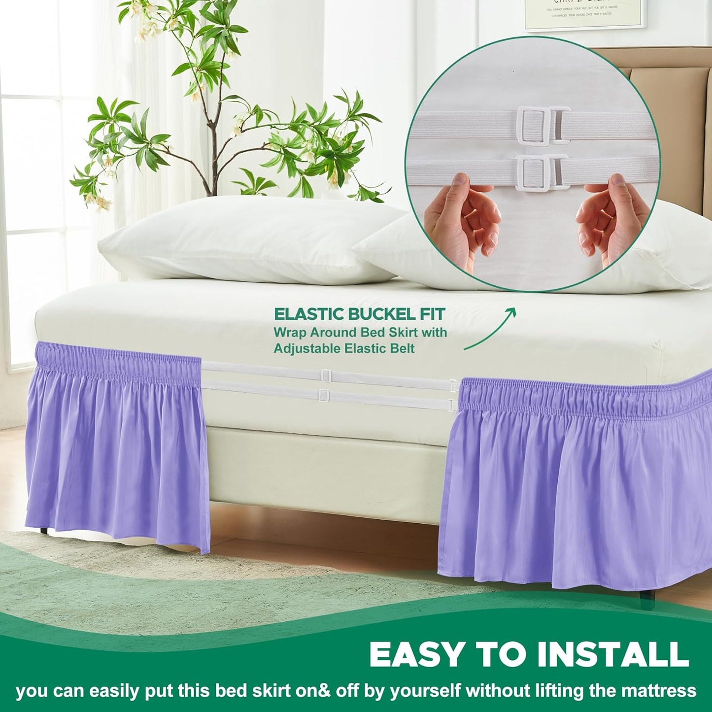 Biscaynebay Wrap Around Bed Skirts for King & Cal King Beds 18" Drop, Lavender Adjustable Elastic Dust Ruffles Easy Fit Wrinkle Resistant Silky Luxurious Fabric Machine Washable