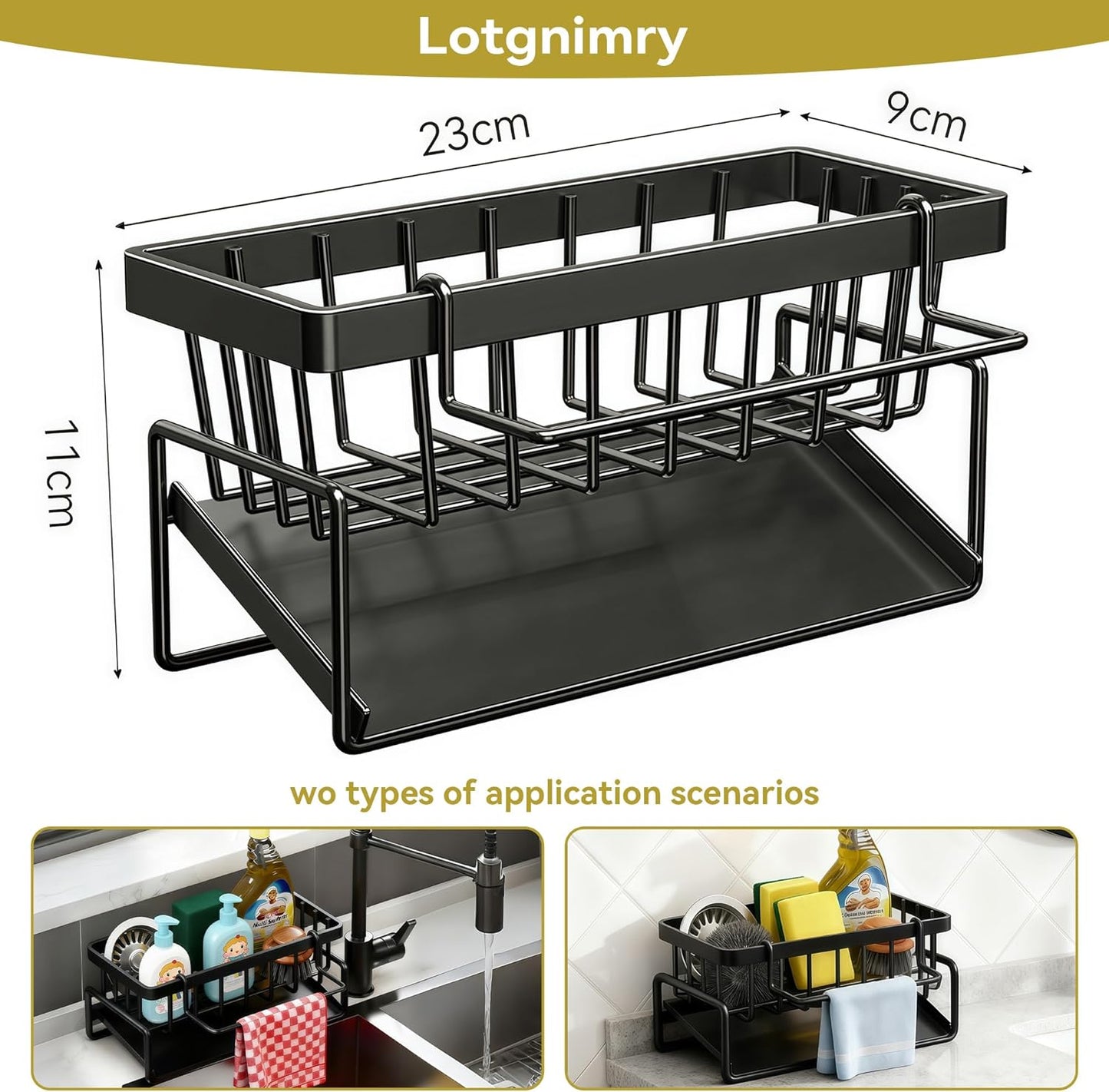 Sponge Holder for Kitchen, Sink Caddy Organizer Rack for Kitchen Accessories, Soap Dispenser Countertop Organizer Essentials for Home (Black)