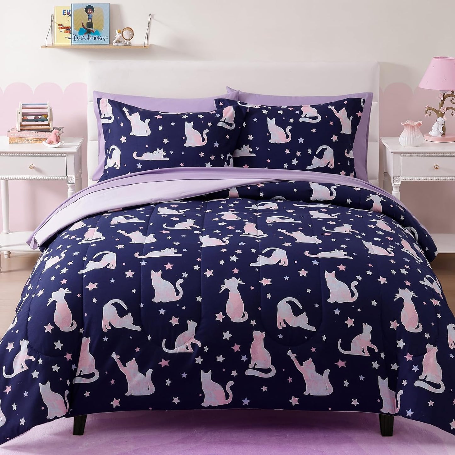Full Size Comforter Set for Girls-7 Pieces Cute Cat Full Bedding Sets for Kids, Ultra Soft Bed in A Bag with Sheets