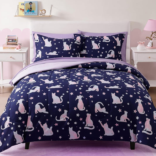Full Size Comforter Set for Girls-7 Pieces Cute Cat Full Bedding Sets for Kids, Ultra Soft Bed in A Bag with Sheets