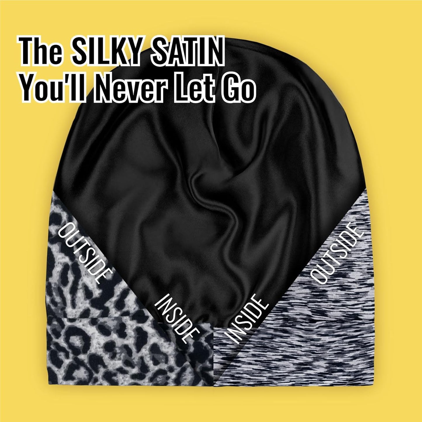 Satin Lined Sleep Cap Bonnet for Curly Hair and Braids, Stay On All Night Hair Wrap with Adjustable Strap for Women and Men, Grey and Black Leopard, Pack of 2