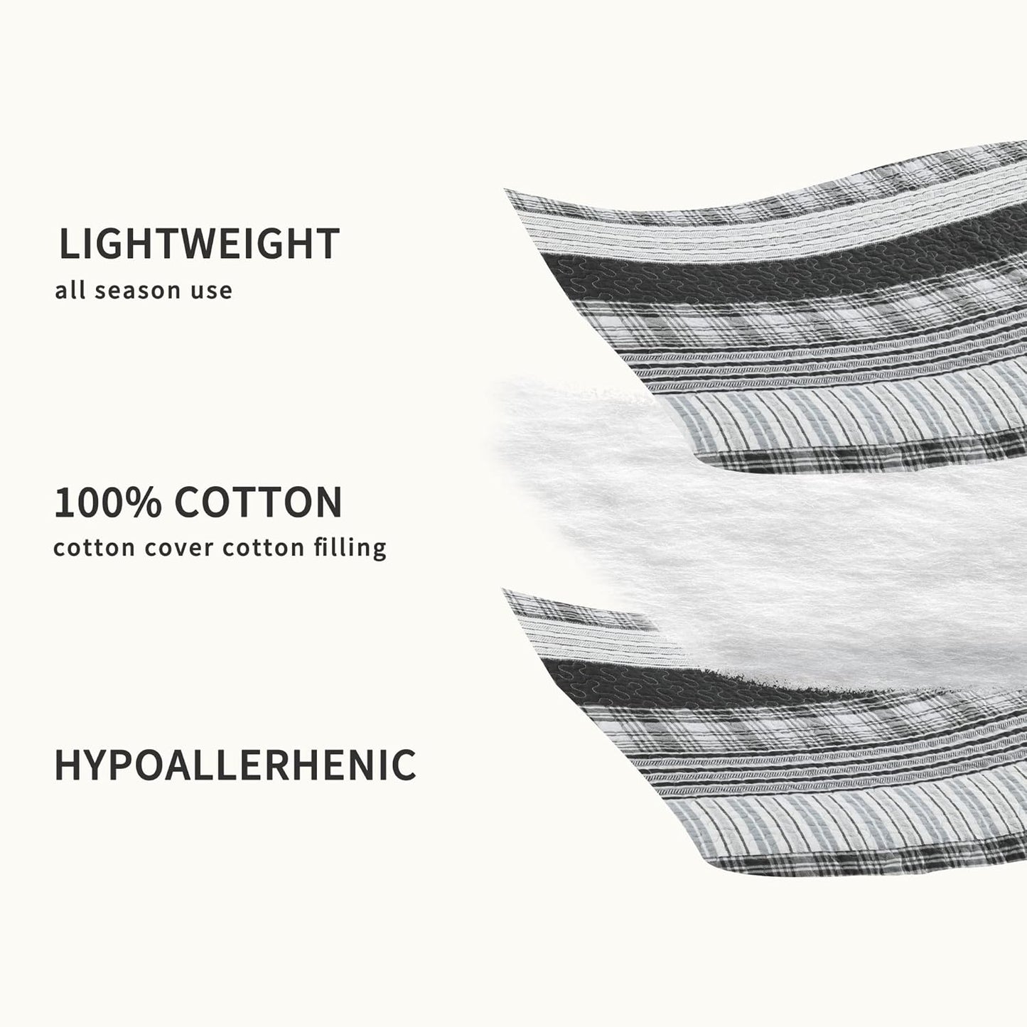 Homzard King Size Comforter - 100% Cotton, Black White Striped King Quilt Bedding Set,Black Grey Plaid Striped Bedding King,Farmhouse Lightweight Comforter for Bed,All Season