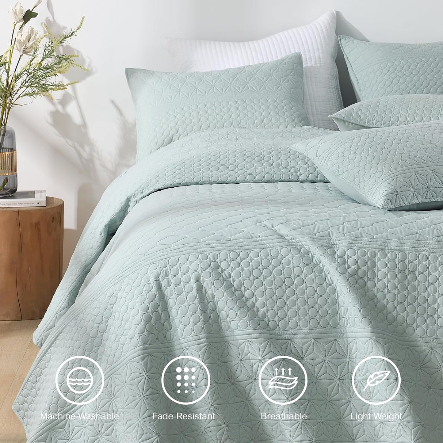 HORIMOTE HOME Sprout Green King Size Quilt Set - Soft Microfiber Bedspread with 2 Shams, Lightweight & All-Season Geometric Coverlet for Cozy Bedding