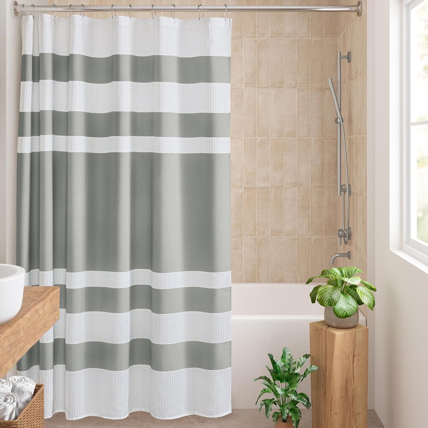 Madison Park Spa Waffle Shower Curtain Pieced Fabric with 3M Scotchgard Moisture Management Modern Home Bathroom Decorations, Wide 108"x72", Grey