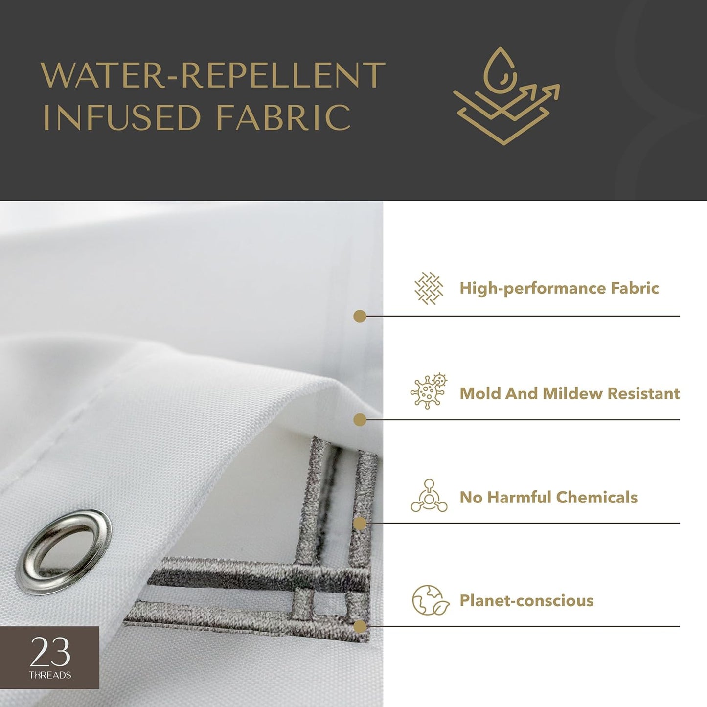 23 THREADS Fabric Shower Curtain for Bathroom, Water Resistant, Made from Sustainable Yarns, White, Luxury Embroidered
