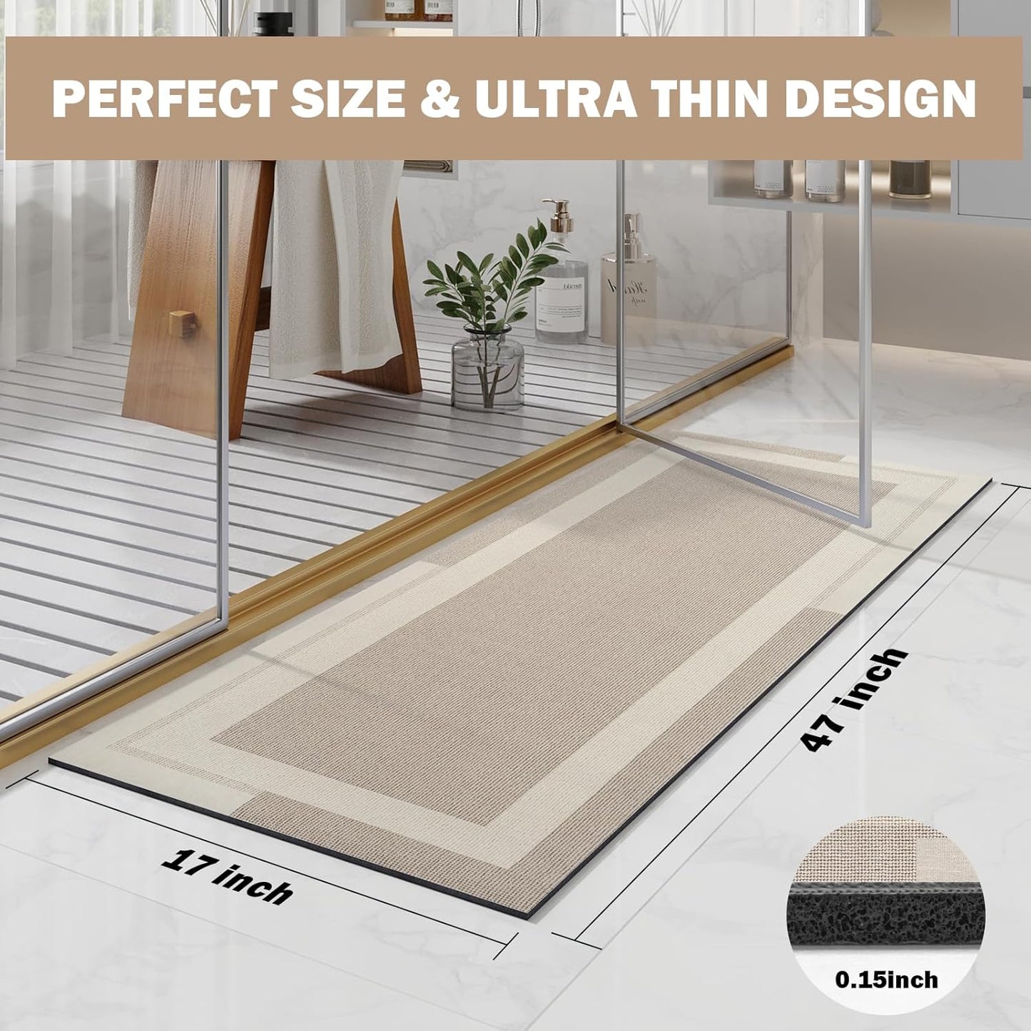 Non Slip Long Bath Mat Bathroom Runner, Rubber Backing Ultra Thin Bathroom Rugs Fit Under Door Quick Dry Super Absorbent Washable Bath Rug Shower Mat for Bathtub Sink Floor, Beige 17"x47"