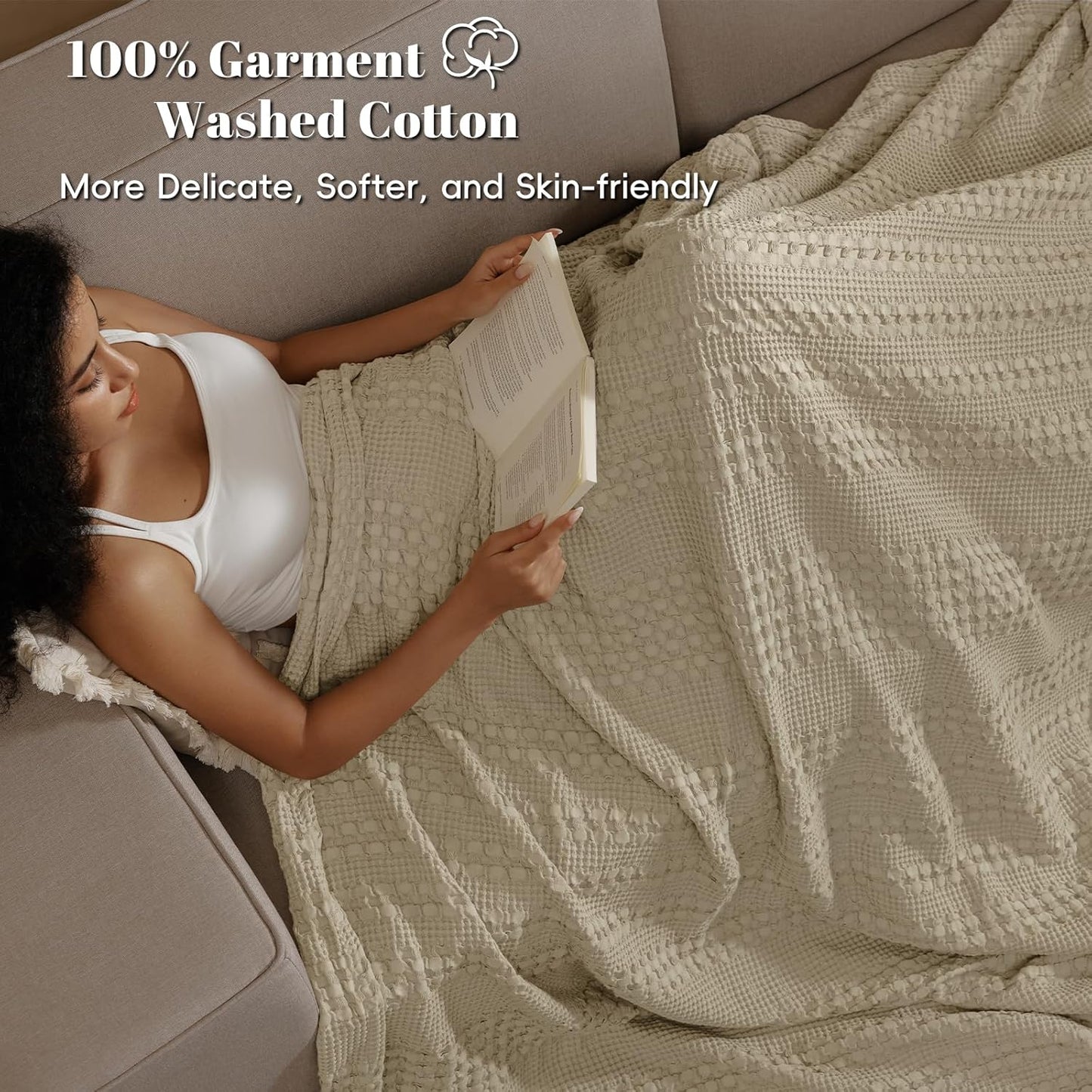 PHF 100% Cotton Waffle Blanket Oversized King 120"x120", Lightweight Breathable Extra Large 10'x10' Blankets for Bed, Giant Big Luxury Aesthetic Woven Bedding for Home Decor, Khaki