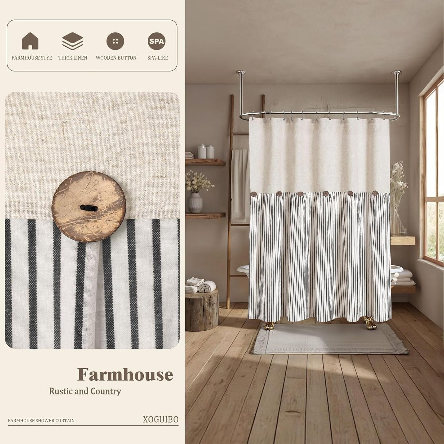 Farmhouse Shower Curtain Linen Button Woven Fabric Country Rustic Western, Pleated Black Stripe 72" W x 72" L