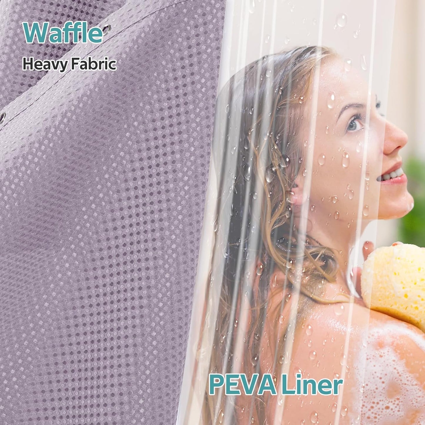 3 in 1 Shower Curtain Set, Waffle Shower Curtain and Liner Set with 12 Double Sided Shower Curtain Hooks, 258GSM Luxury Weighted Cloth Shower Curtains for Bathroom, 72 W x 72 H, Lavender