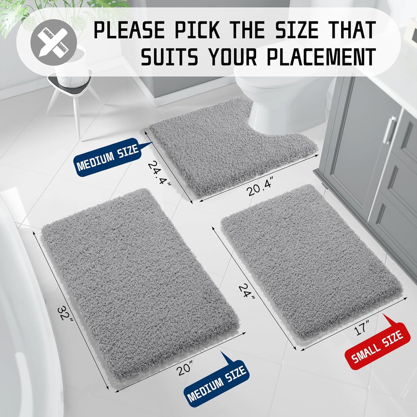 Yimobra Bath Rugs for Bathroom 32x20, Ultra Soft and Water Absorbent Bath Mats, Non Slip Plush Shower Rugs, Microfiber Thick Matts for Bathroom Floor/Tub, Machine Washable, Pure Gray