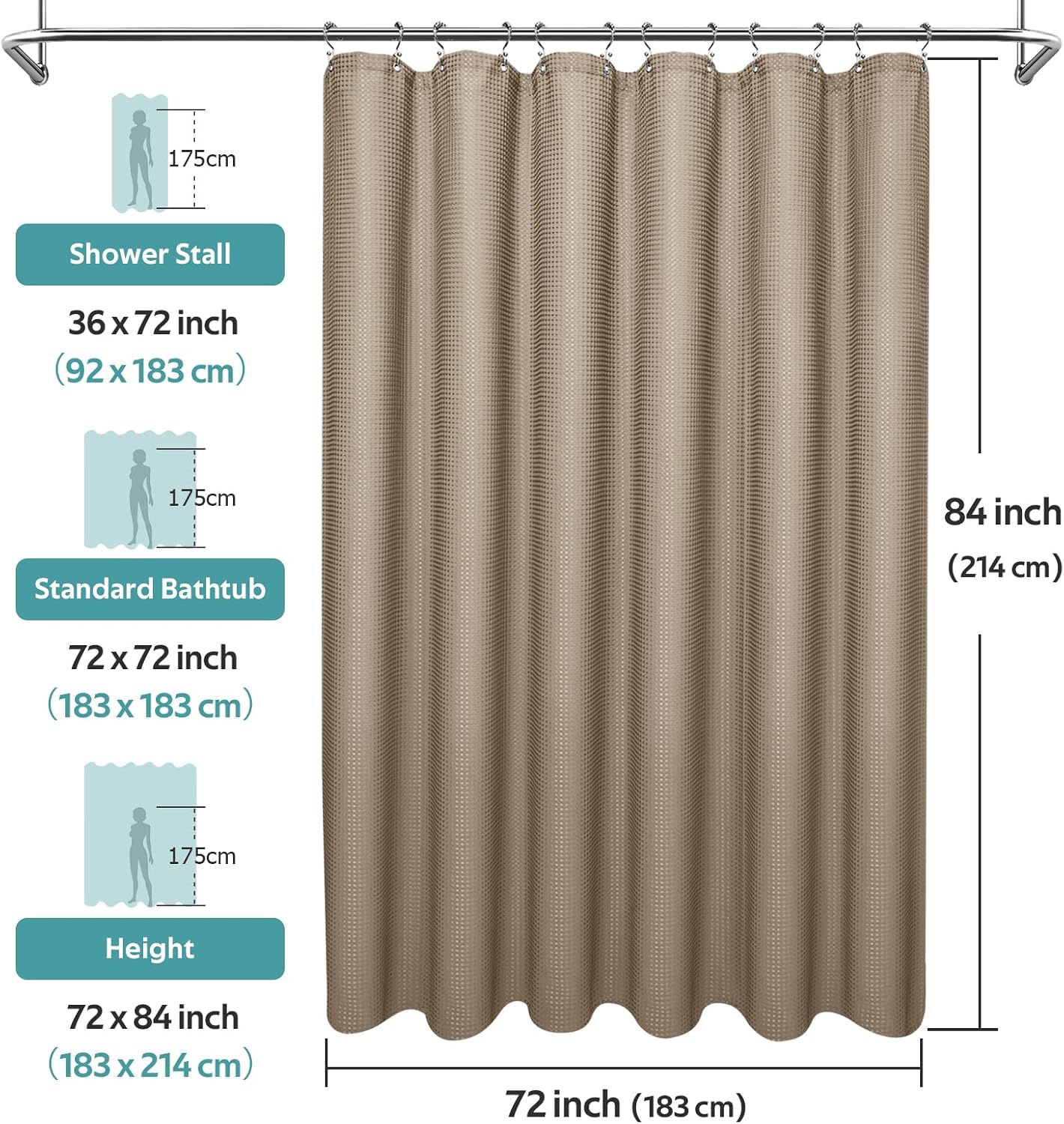 3 in 1 Shower Curtain Set, Waffle Shower Curtain and Liner Set with 12 Double Sided Shower Curtain Hooks, 258GSM Luxury Weighted Cloth Shower Curtains for Bathroom, 72 W x 84 H, Beige