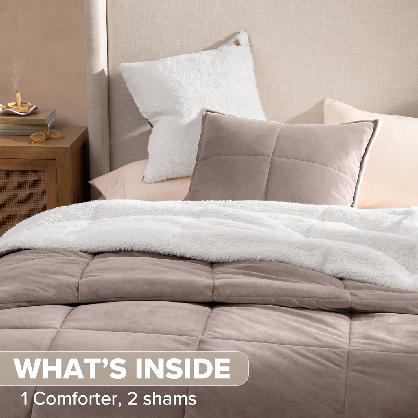 UGG Blissful Full/Queen Comforter Set with 2 Pillow Shams Reversible Comforter Plush Fluffy Warm Bed Set Premium Down Alternative Bedding for College Dorm Essentials, Full/Queen, Light Brown Fawn