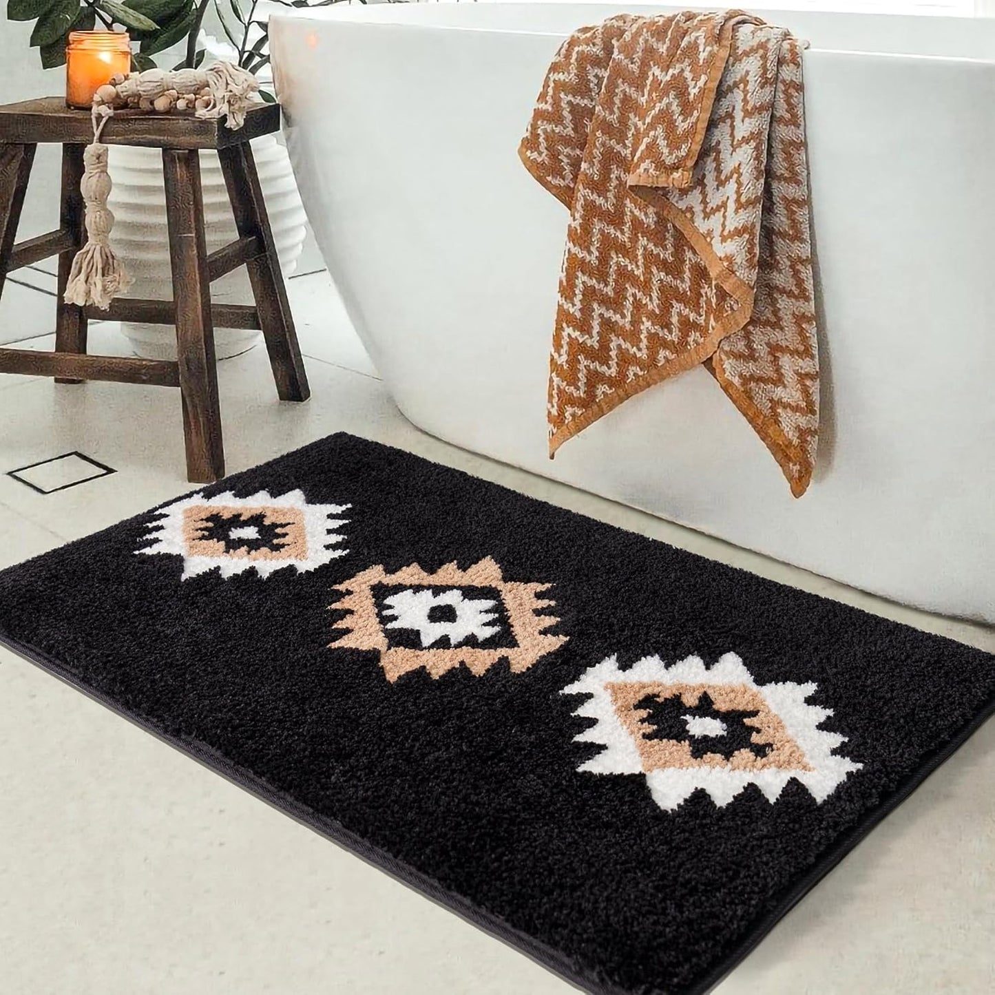 DEXDE Bathroom Rugs 24x36 Black Boho Aztec Bath Mat, Non Slip Western Geometric Bath Rugs Luxury Soft Absorbent Carpet for Bathroom Shower Kitchen Entryway Farmhouse Modern