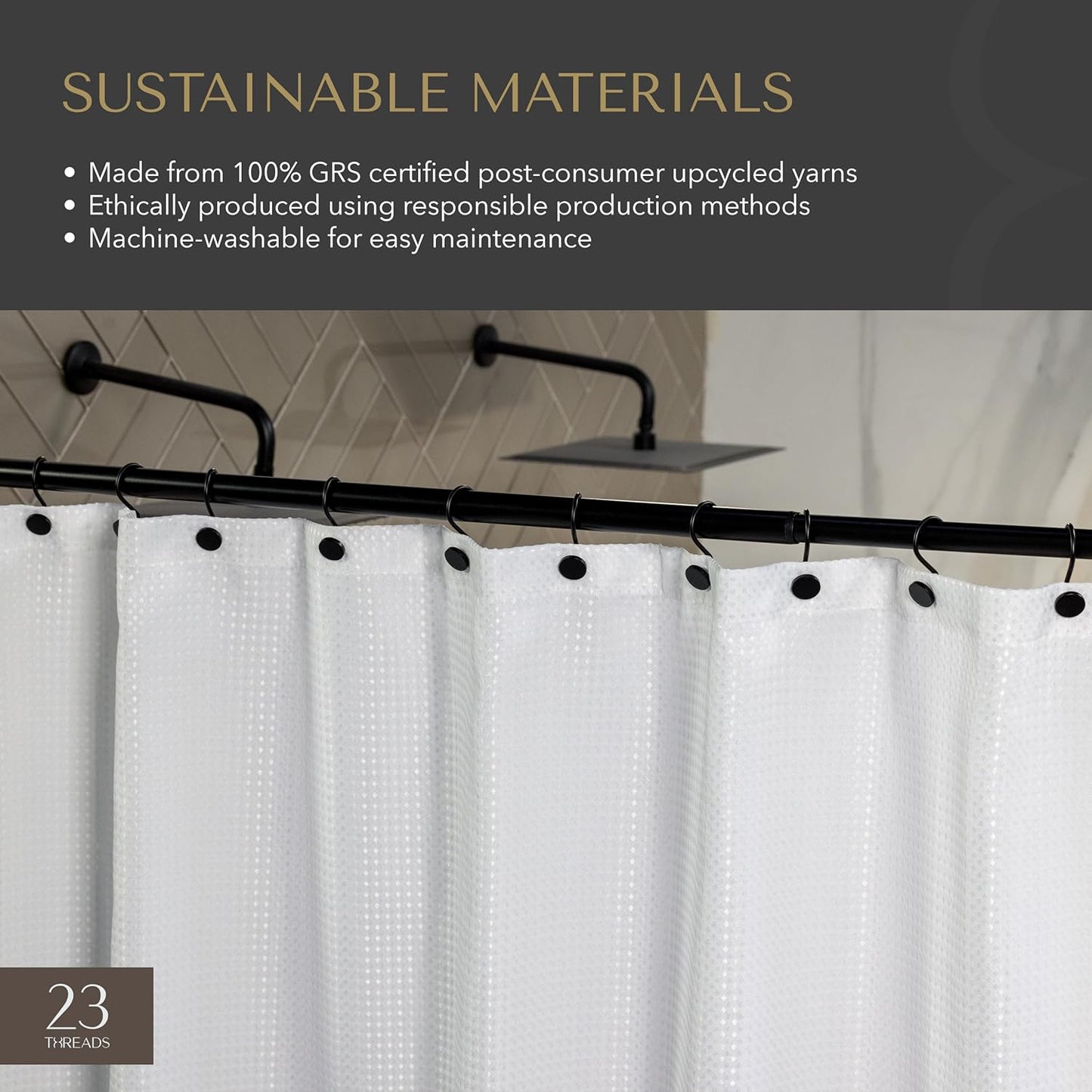 23 THREADS Fabric Shower Curtain for Bathroom, Water Resistant, Made from Sustainable Yarns, White, Waffle Weave