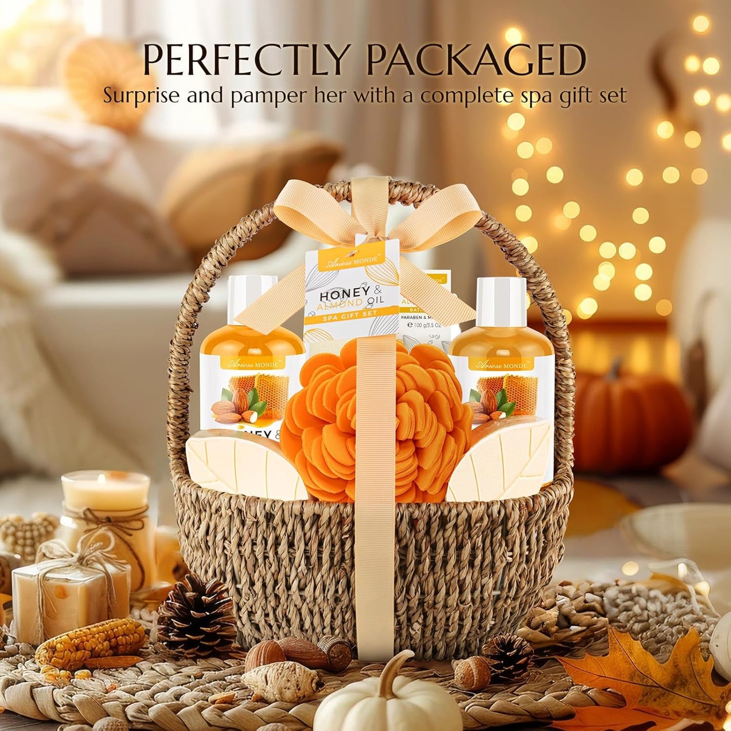 Bath Spa Gift Basket, Bath & Body Gift Set for Women & Men, Includes Shower Gel, Bubble Bath, Bath Salt, Bath Sponge, Spa Gift Box for Mother's Day, Birthday, Wedding, Honey & Almond 8pcs
