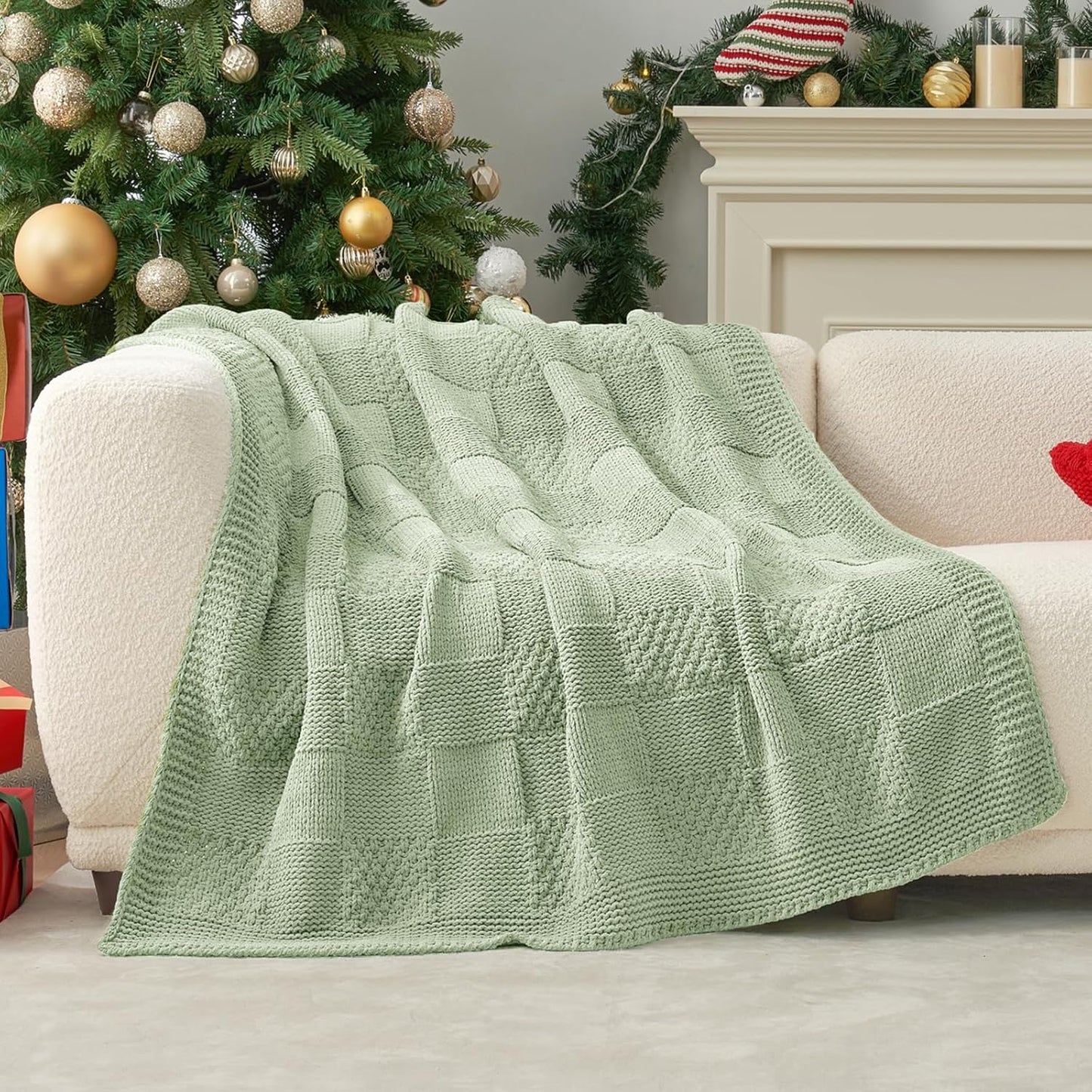 Amélie Home Checkered Chenille Knit Throw Blanket for Couch, Classic Texture Decorative Soft Blanket for Sofa, Chair & Bedroom, 50"x60", Sage Green