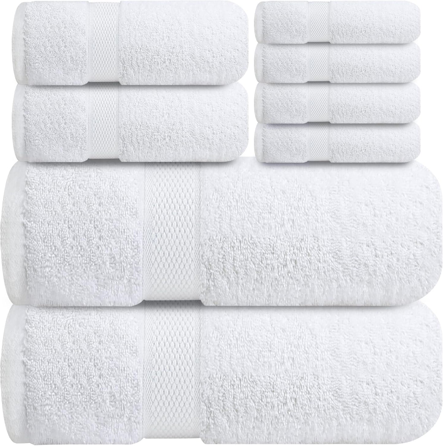 Infinitee Xclusives Luxury 100% Cotton Towel Set – 8 Piece Bathroom Towel Set (2 Bath Towels, 2 Hand Towels, 4 Washcloths) – Soft & Absorbent Towels for Bathroom (Brilliant White)