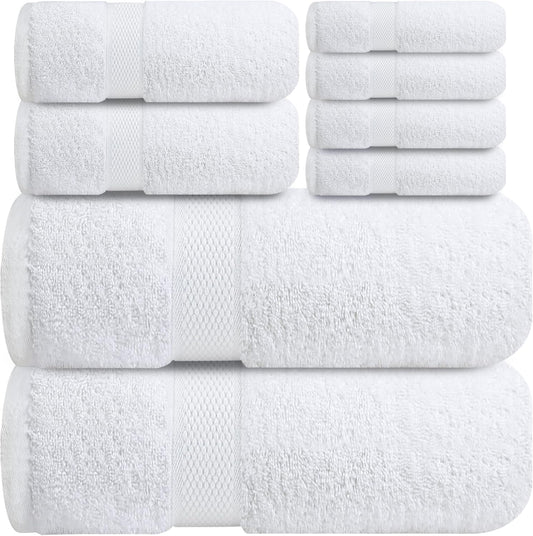 Infinitee Xclusives Luxury 100% Cotton Towel Set – 8 Piece Bathroom Towel Set (2 Bath Towels, 2 Hand Towels, 4 Washcloths) – Soft & Absorbent Towels for Bathroom (Brilliant White)