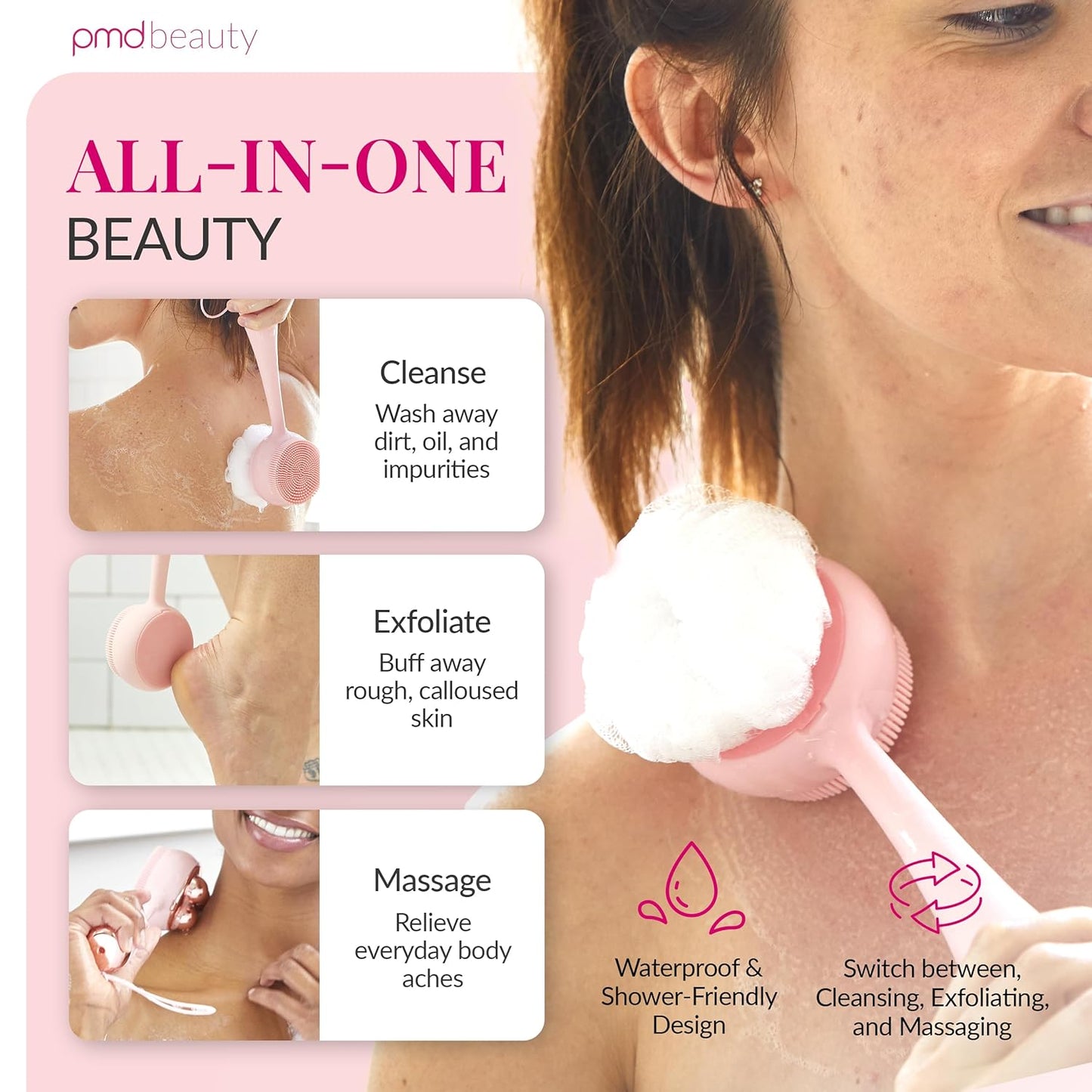 PMD Clean Body - Smart Body Cleansing Device with Silicone Brush & Three Interchangeable Attachments - Waterproof - SonicGlow Vibration - Cleanse, Exfoliate, & Massage Body