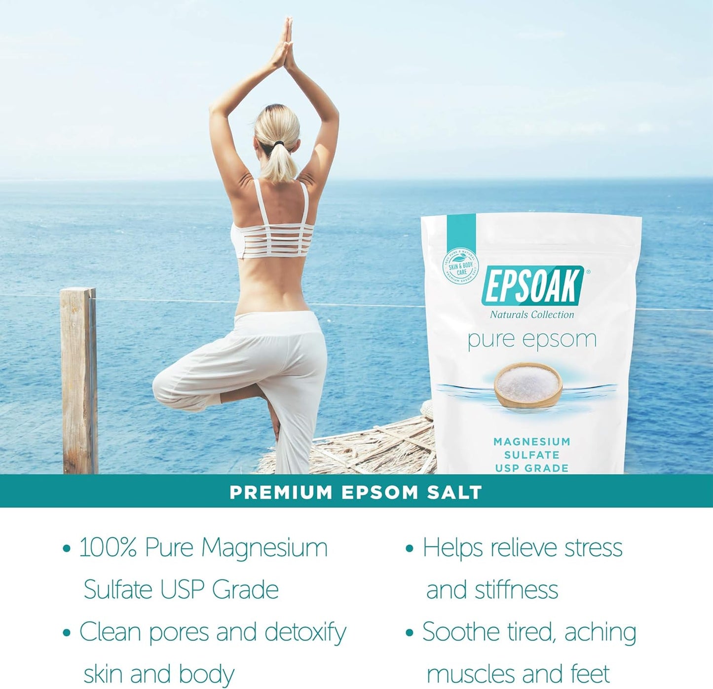 Epsoak Epsom Salt 38 lb. Magnesium Sulfate USP. (Qty. 2 x 19lb. Bags) Resealable Epsom Salt Bulk Bags Unscented, Made in The USA, Cruelty-Free Certified