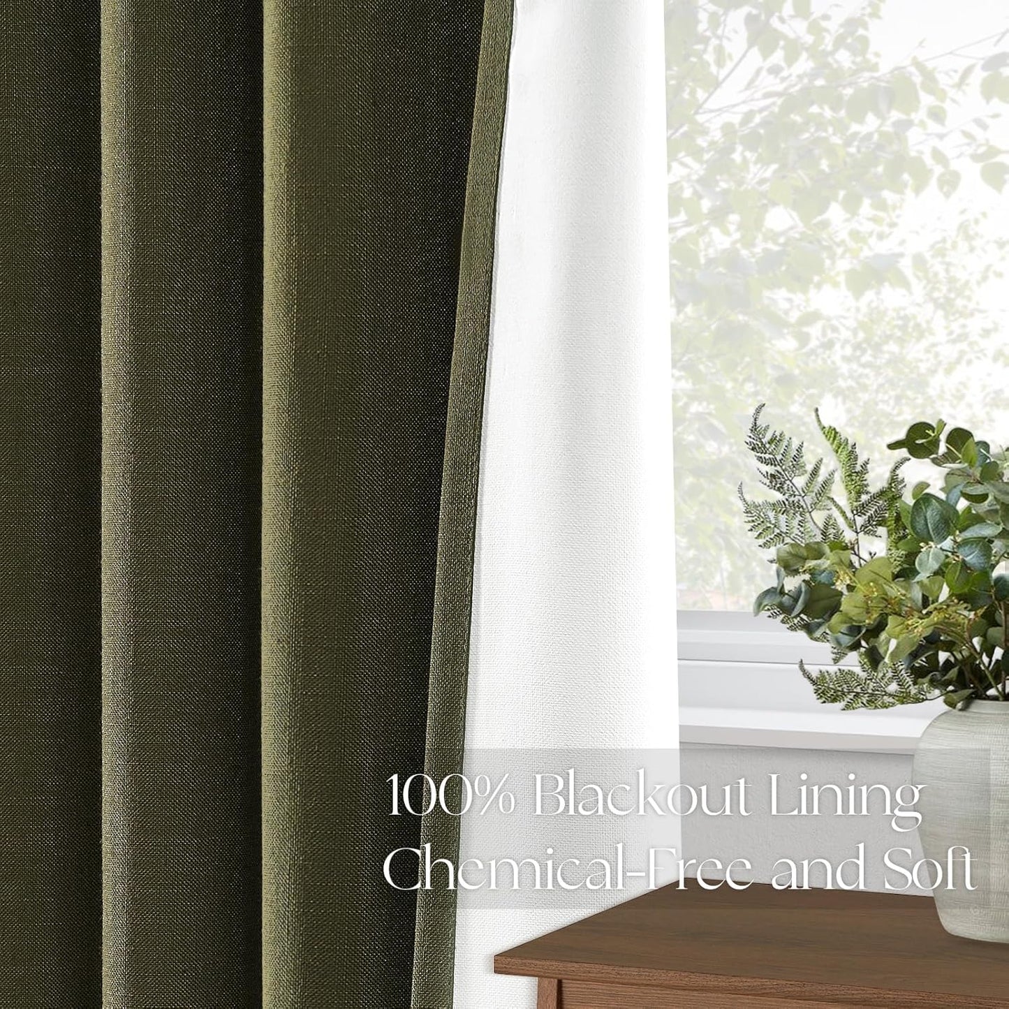Topfinel Olive Green Linen Blackout Curtains 96 Inches Long, 100% Blackout Pinch Pleated Dark Green Boho Soundproof Track Back Tab Drapes with Hooks Rings for Living Room Bedroom Sliding Door
