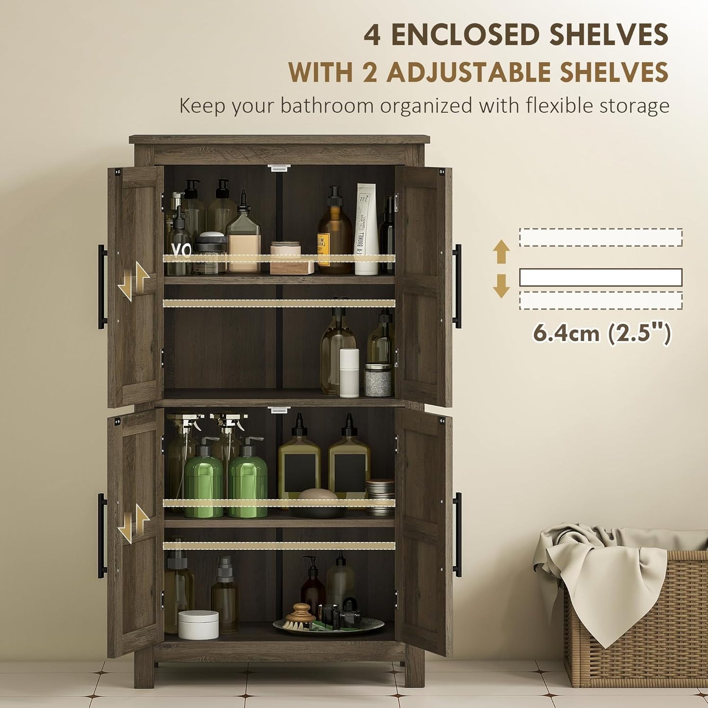 HOMCOM Farmhouse Bathroom Storage Cabinet with 4 Barn Doors, Bathroom Floor Cabinet with 2 Adjustable Shelf, Freestanding Storage Cupboard, Brown