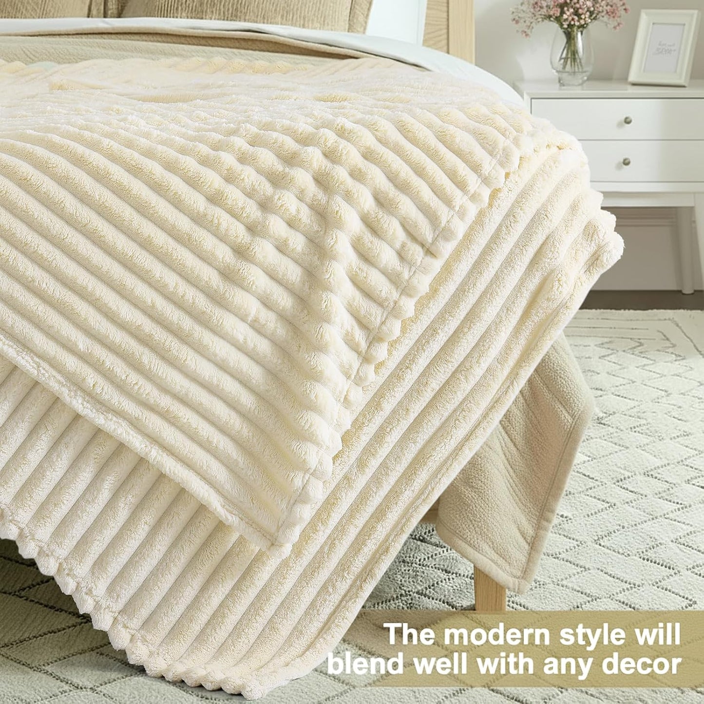 decorUhome Christmas Soft Fleece Beige Throw Blanket for Couch, Cozy Fluffy Plush Flannel Striped Blanket for Sofa Bed, Lightweight Decorative Ribbed Fuzzy Blanket for Woman, 50x60 Inches