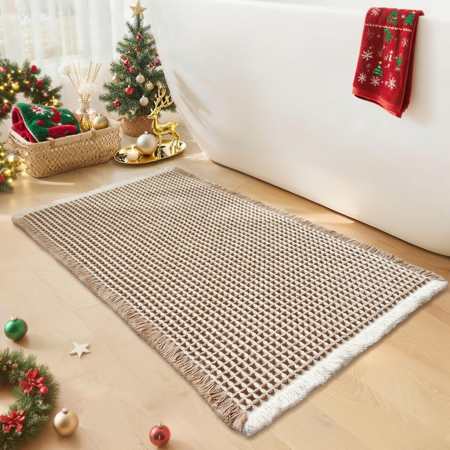 Waffle Bath Mat - Boho Bathroom Rugs Non Slip Washable, Super Absorbent & Quick Dry, Small Bath Mats Farmhouse Bathroom Decor, 18'' x 30'', Khaki and White