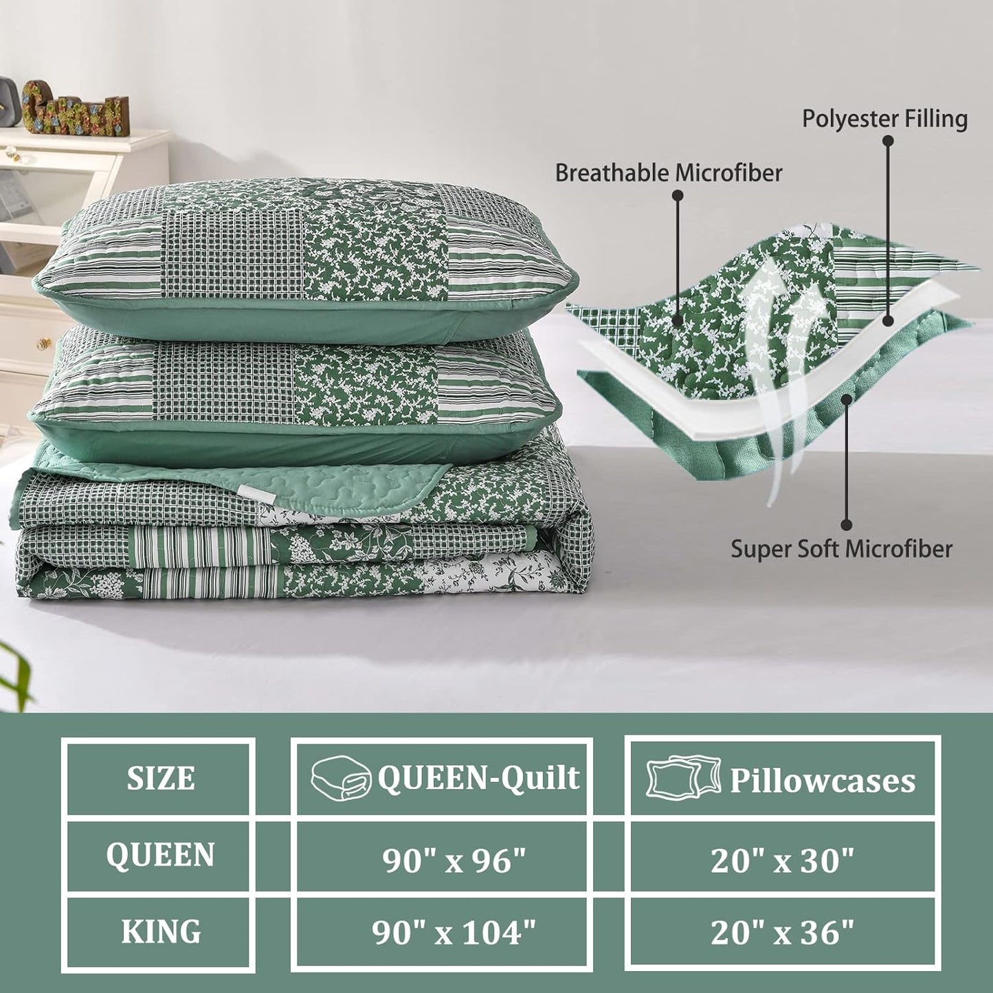 Mybedsoul Sage Green Boho King Quilt Set, 3-Piece Reversible Soft Plaid Floral Bedding Set with 2 Pillow Shams - Sage Green King Size Quilt Bedspread Coverlet Set 90"x104"