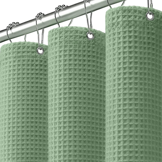 Extra Long Waffle Shower Curtain - Sage Green Cotton Texture Fabric Heavyweight Shower Curtain for Bathroom,72Wx84L