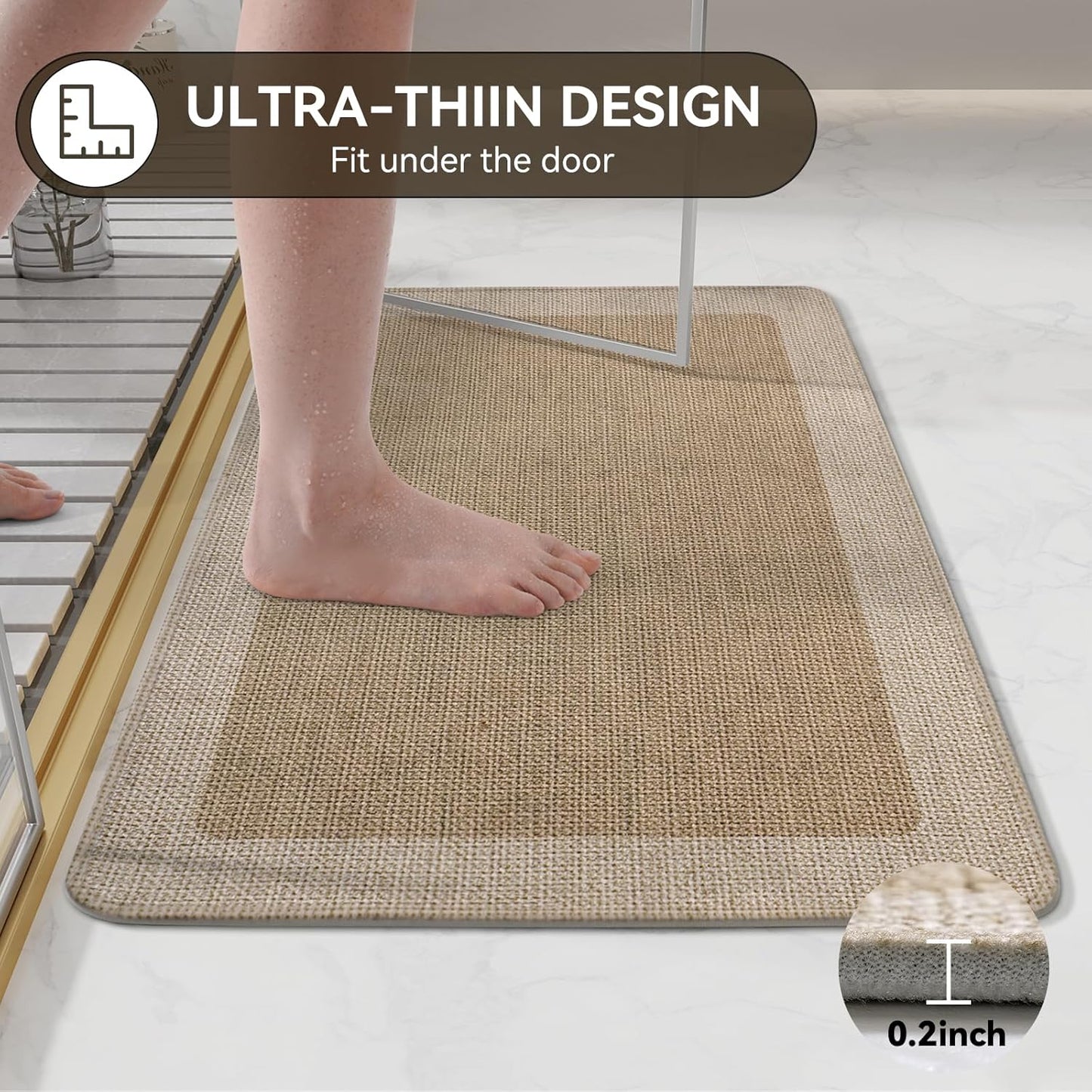 Bathroom Rugs, Ultra Thin Bath Mat Fit Under Door Super Absorbent Non Slip Quick Dry Bath Mat, Rubber Backing Shower Mat Outside Shower