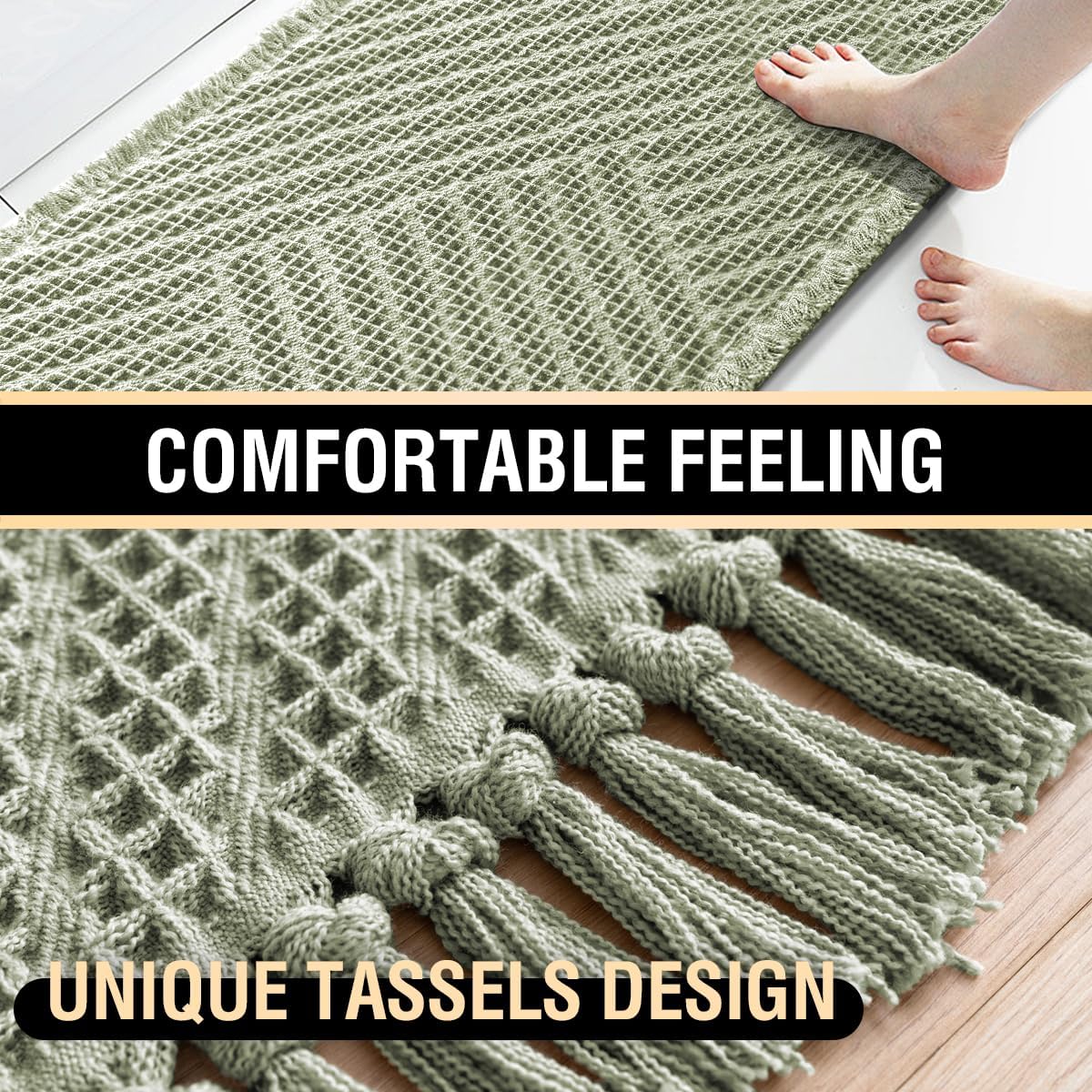 H.VERSAILTEX Waffle Bath Runner Rug Long Bath Mat Super Absorbent Boho Bath Rugs Non Slip Bath Runner for Bathroom Floor Machine Washable Dry Fast Bathroom Rugs with Tassels, 24" x 72", Sage