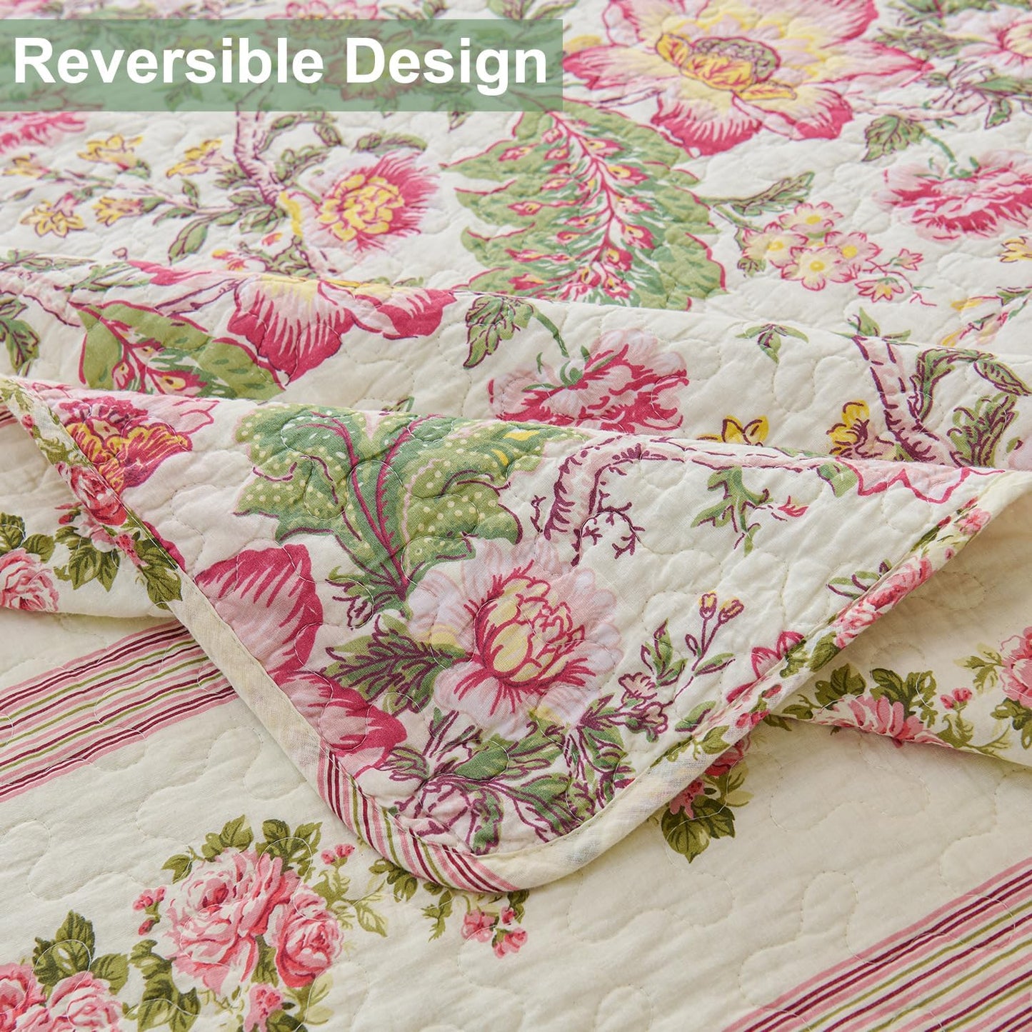Cmfshape Floral Quilt Sets Bedspread Set 100% Cotton Bedding Set, All Season Use Lightweight Reversible Coverlet Quilts with 2 Pillow Shams(King 106"x96")