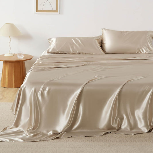 Bedsure Satin Sheets Queen Size - 4 Piece Silky Bedsheets with 15 Inches Deep Pocket Fitted Bedsheet,1 Flat Sheet, 2 Satin Pillowcases, Good for Hair & Skin (Queen, Khaki)