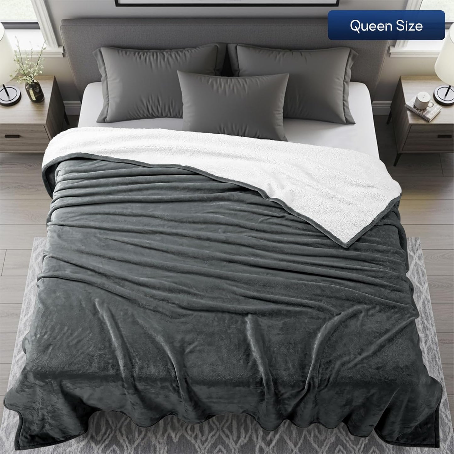 Utopia Bedding Sherpa Blanket Queen Size (Grey, 90x90 Inches) - Soft Lightweight Plush Fleece Reversible Blanket for Bed, Sofa, Couch, Camping and Travel