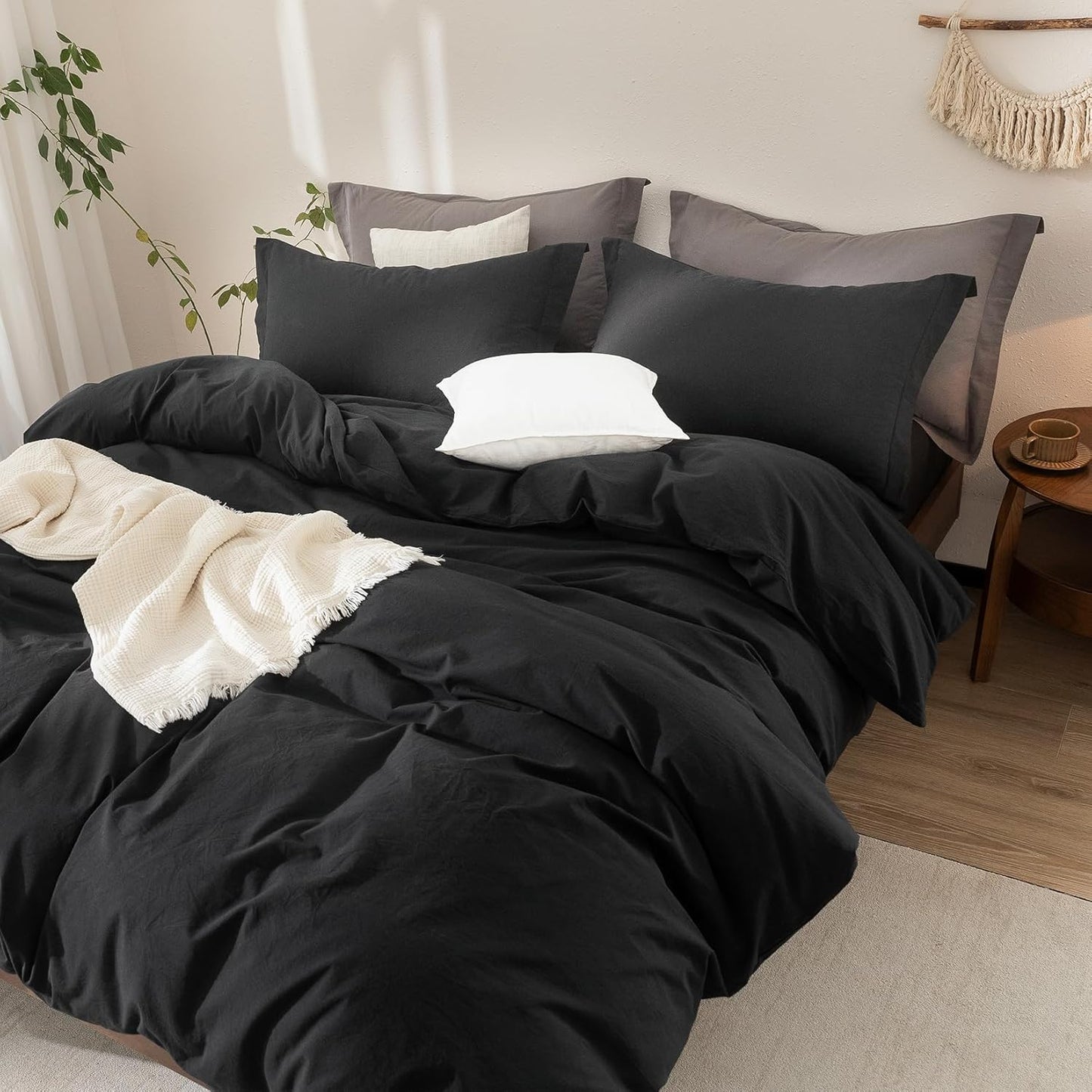 Black Duvet Cover Queen Size 100% Washed Cotton Bedding Set Cover 1 Duvet Cover with Zipper Closure and 2 Pillowcases, 90inch x 90inch