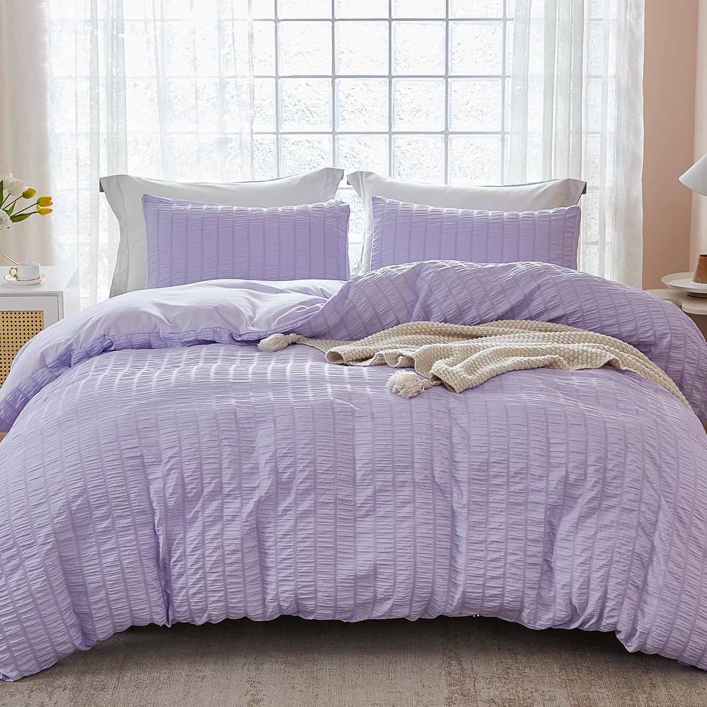 AveLom Lavender Purple Seersucker Duvet Cover Set King (104 x 90 inches), 3 Pieces (1 Duvet Cover + 2 Pillow Cases), Ultra Soft Washed Microfiber, Textured Duvet Cover with Zipper Closure, Corner Ties