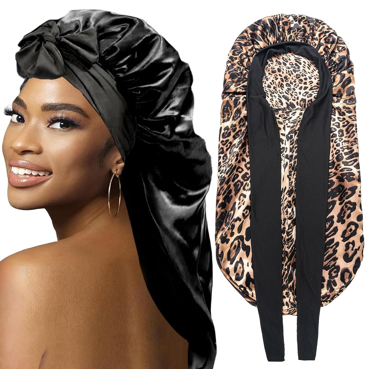 2Pcs Bonnets for Black Women Braid Bonnet, Large Long Satin Bonnet for Braids, Silk Bonnet with Stretchy Tie Band Sleep Cap Hair (2Pcs-Black&Leopard)