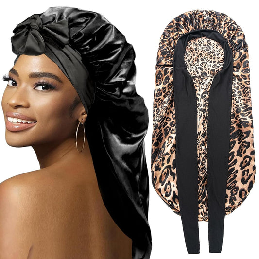 2Pcs Bonnets for Black Women Braid Bonnet, Large Long Satin Bonnet for Braids, Silk Bonnet with Stretchy Tie Band Sleep Cap Hair (2Pcs-Black&Leopard)