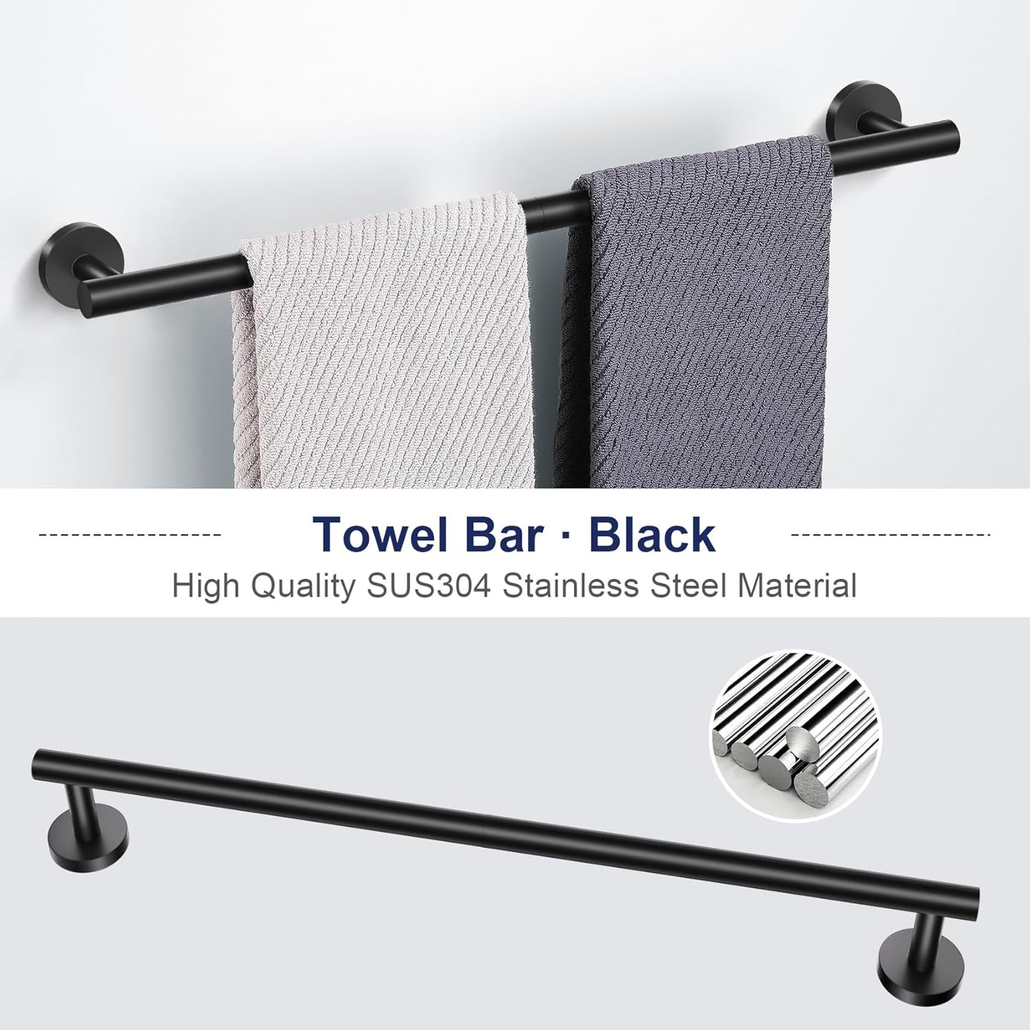 Lairuier 5 Pieces Matte Black Bathroom Accessories Set, 23.6 Inch Bath Towel Bar Set, SUS304 Stainless Steel Bathroom Hardware Set Round Toilet Paper Holder Set Wall Mounted