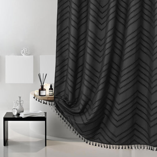 Extra Long Black Boho Shower Curtain with Tassel, Woven Fabric 72 x 90, Tufted Chevron Striped, Modern Chic Textured Minimalist