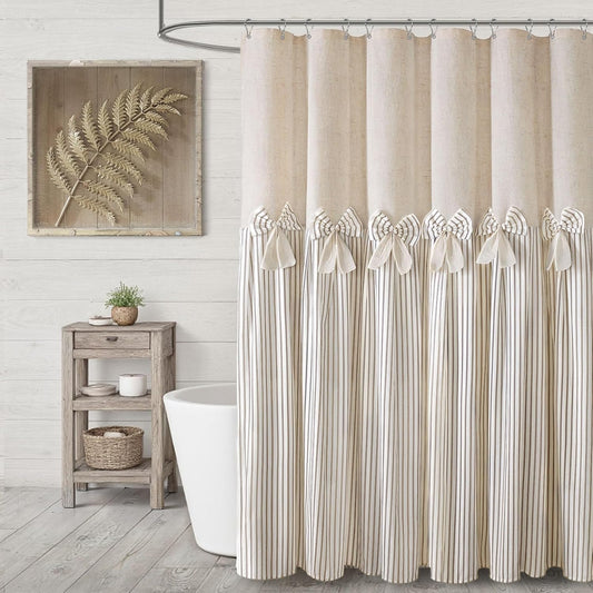 Farmhouse Shower Curtain Linen Beige Bow Woven Fabric Country Rustic Western, Pleated Beige Stripe 60" W x 72" L