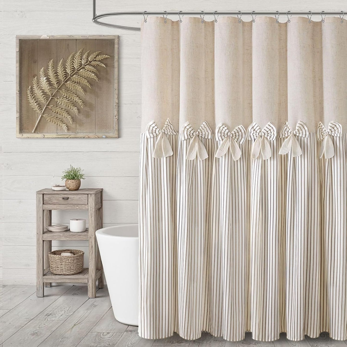 Farmhouse Shower Curtain Linen Beige Bow Woven Fabric Country Rustic Western, Pleated Beige Stripe 72" W x 78" L