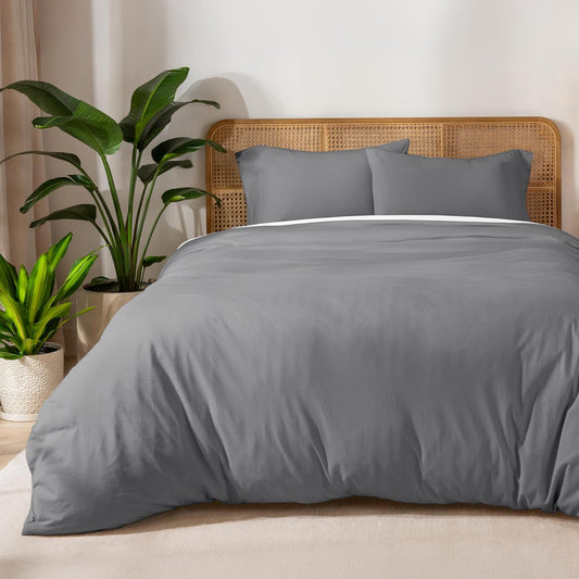 Bare Home 100% Organic Cotton Jersey Duvet Cover Set - Full/Queen Size - Ultra Soft - 100% Cotton - 3pcs - Corner Ties - Button Closure - Envelope Pillowcases (Full/Queen, Grey)
