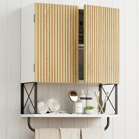 Bathroom Wall Medicine Cabinet, Fluted Hanging Bathroom Wall Mounted Cabinet with Towel Bar, Above Toilet Storage Cabinet for Bathroom Organizers and Storage, Medium Size, White